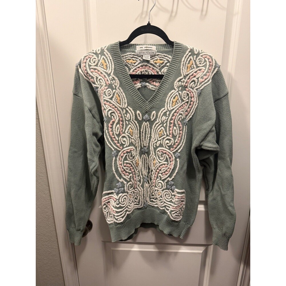 Vintage Izod Club Sweater Large 100% Cotton Hand Embroidered Sage Green Pastel